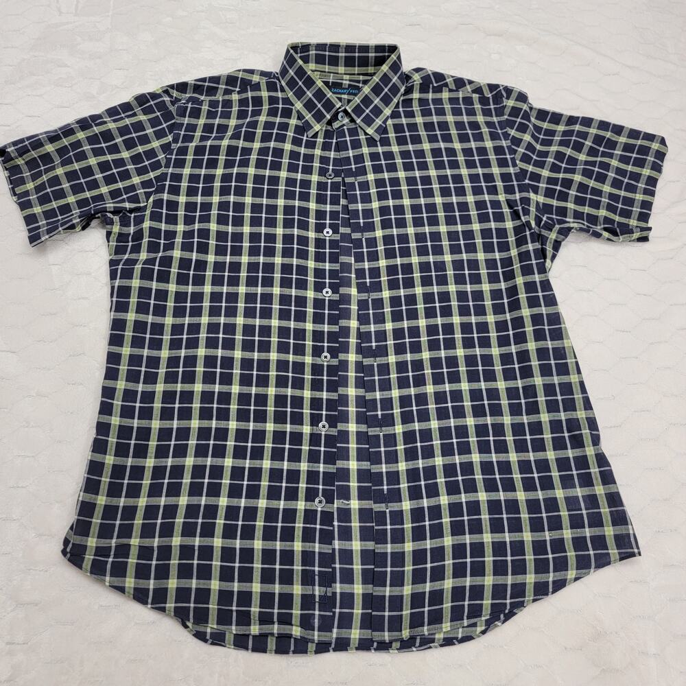 Zachary Prell Mens L Short Sleeve Button Down Shirt Navy Green Plaid Linen READ